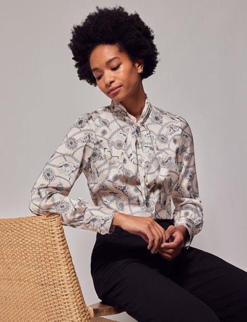 Cream & Black Chain Butterfly Pussybow Blouse