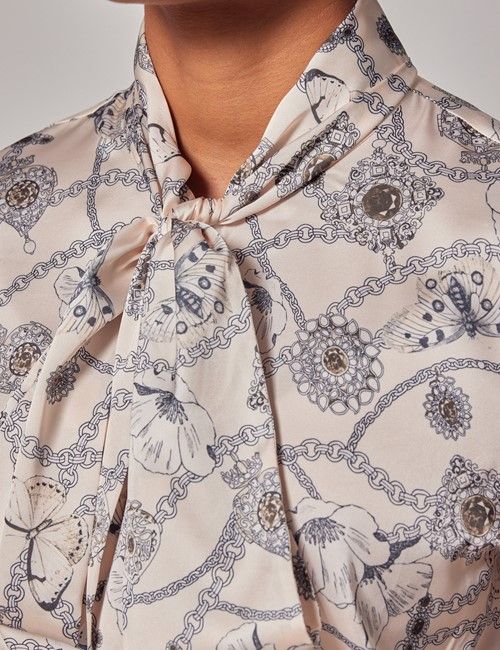 Cream & Black Chain Butterfly Pussybow Blouse-preview