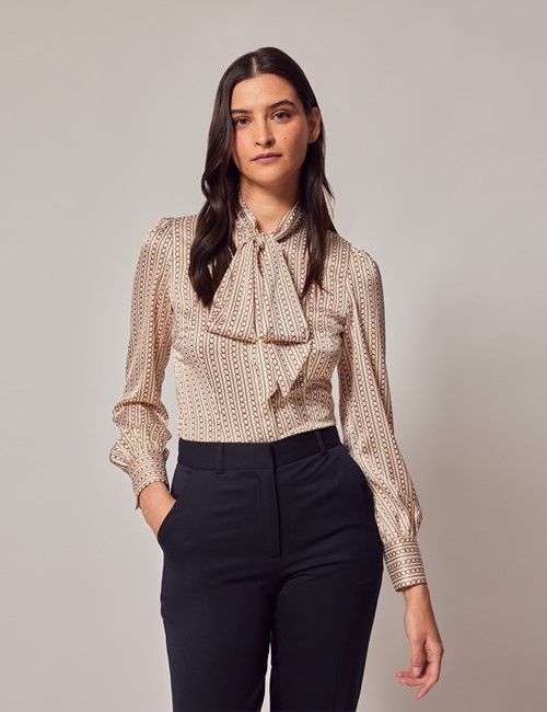 Cream & Gold Chains Satin Pussybow Blouse