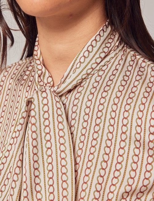 Cream & Gold Chains Satin Pussybow Blouse-preview