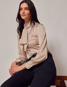 Cream & Gold Chains Satin Pussybow Blouse-preview5
