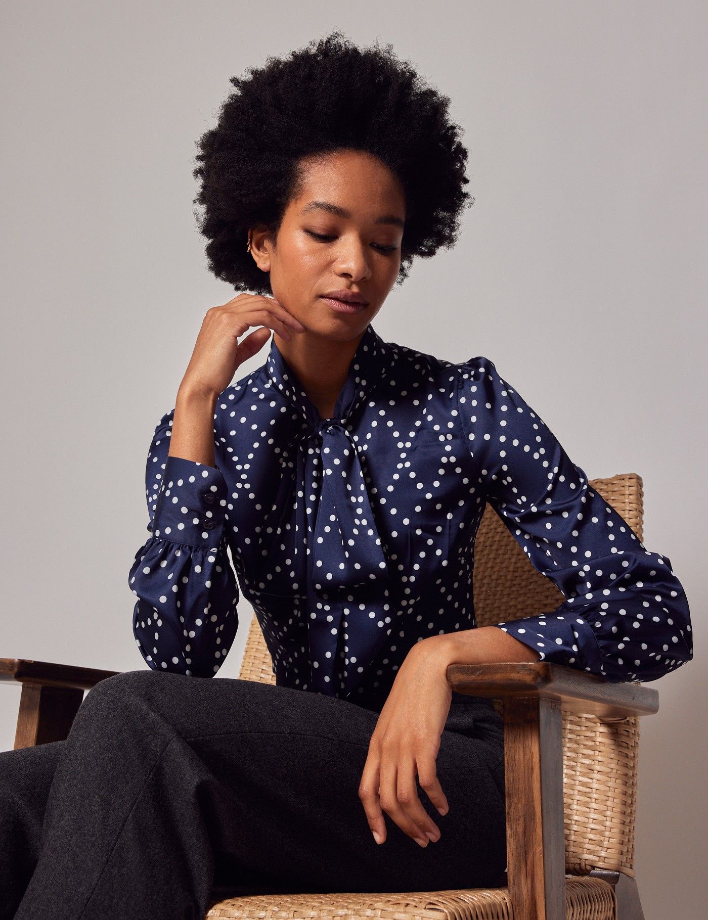 navy and white spotted blouse