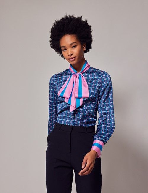 Blue & Pink Geometric Pussybow Blouse