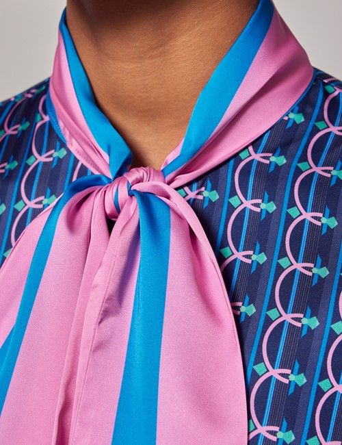 Blue & Pink Geometric Pussybow Blouse-preview