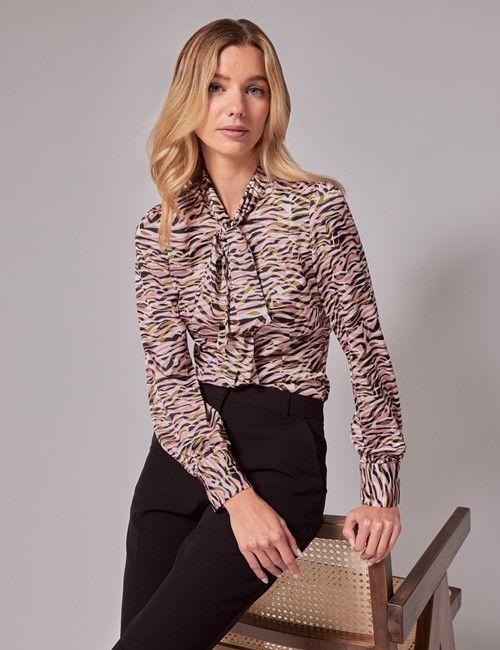 Cream & Green Zebra Pussybow Blouse