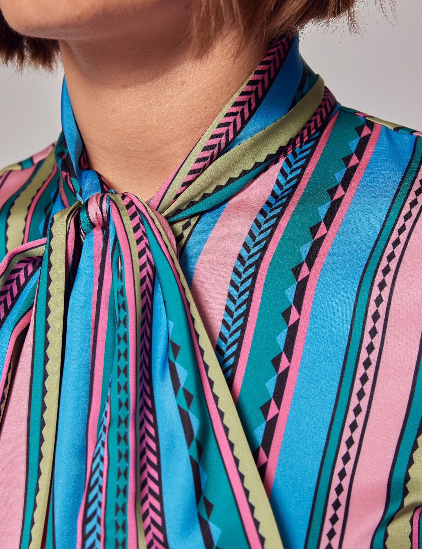 Pink & Blue Stripe Satin Pussybow Blouse-preview
