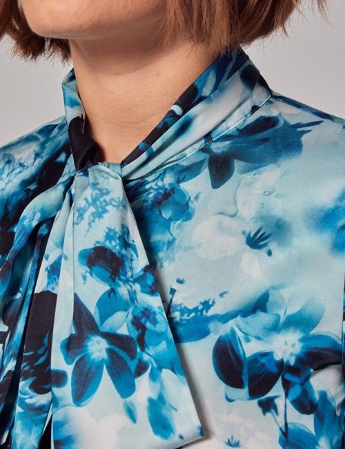 Blue & White Floral Satin Pussybow Blouse-preview