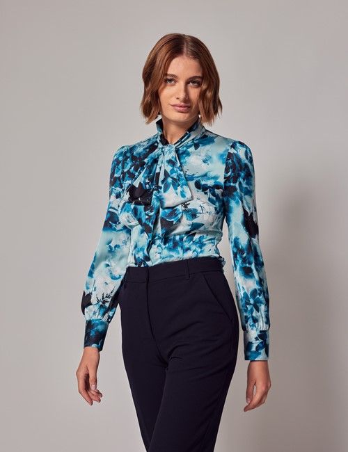 Blue & White Floral Satin Pussybow Blouse