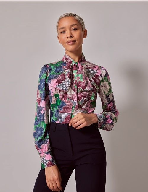 Blue & Green Patch Floral Print Pussybow Blouse