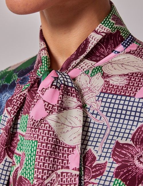 Blue & Green Patch Floral Print Pussybow Blouse-preview
