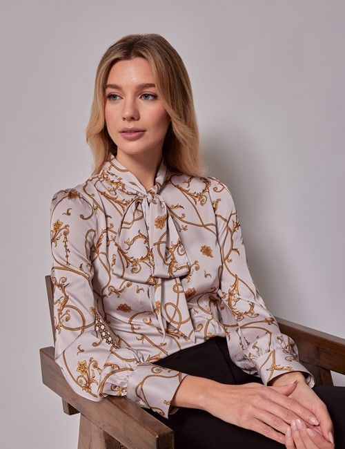 Light Pink & Gold Baroque Chain Satin Pussybow Blouse