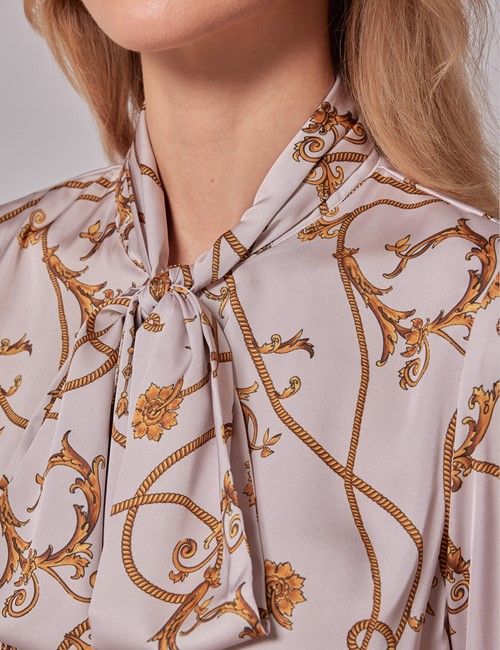 Light Pink & Gold Baroque Chain Satin Pussybow Blouse-preview
