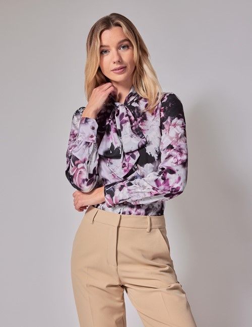 Pink & Fuchsia Floral Satin Pussybow Blouse
