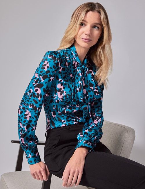 Turquoise & Pink Spot Satin Pussybow Blouse