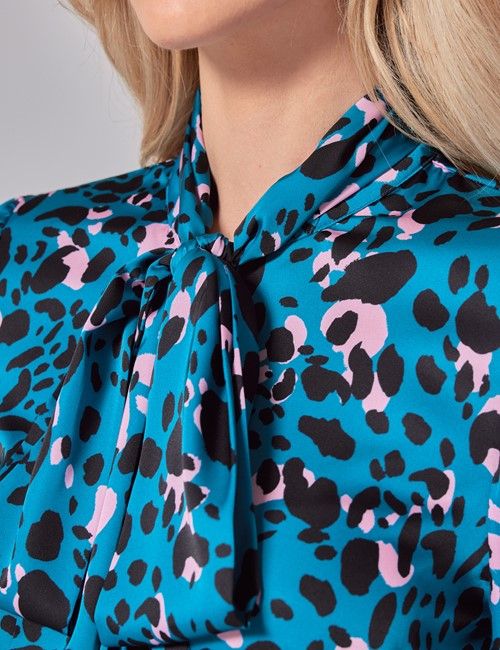 Turquoise & Pink Spot Satin Pussybow Blouse-preview