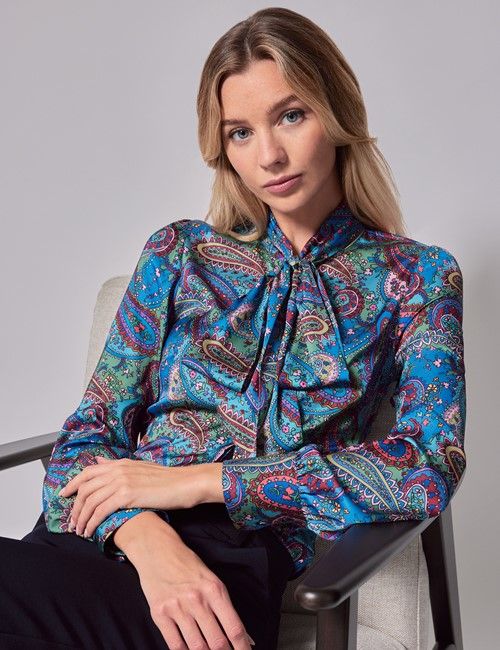 Green & Blue Paisley Satin Pussybow Blouse