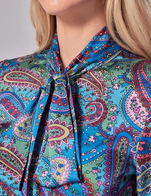 Green & Blue Paisley Satin Pussybow Blouse-preview