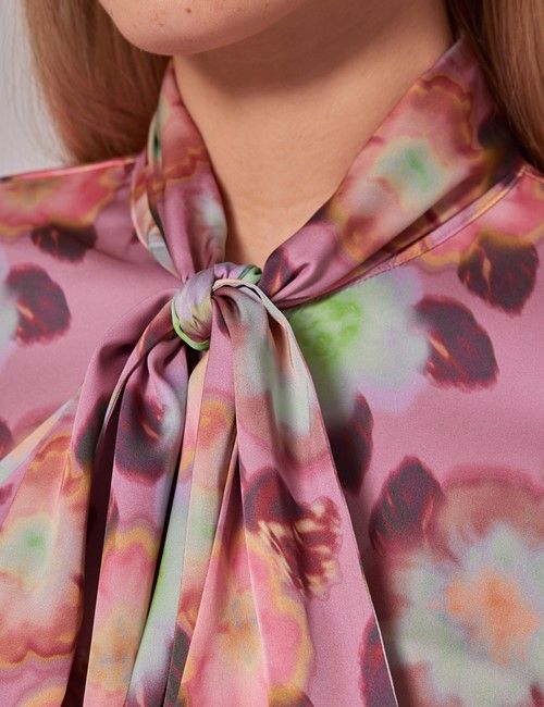 Pink & Green Floral Blur Satin Pussybow Blouse-preview