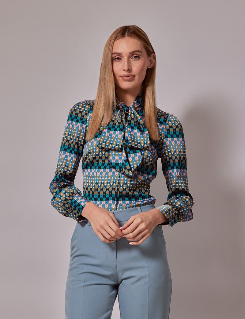 Womens Green And Blue Geometric Circles Satin Pussybow Blouse Hawes