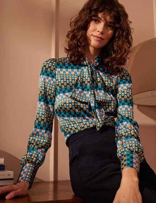 Green & Blue Geometric Circles Satin Pussybow Blouse-preview
