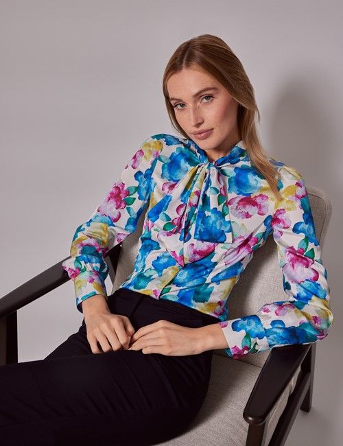 Blue & White Floral Watercolour Satin Pussybow Blouse