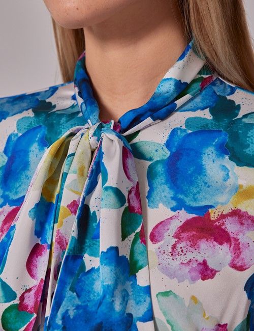 Blue & White Floral Watercolour Satin Pussybow Blouse-preview