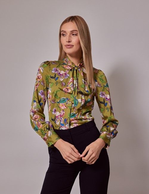 Green & Purple Floral Satin Pussybow Blouse