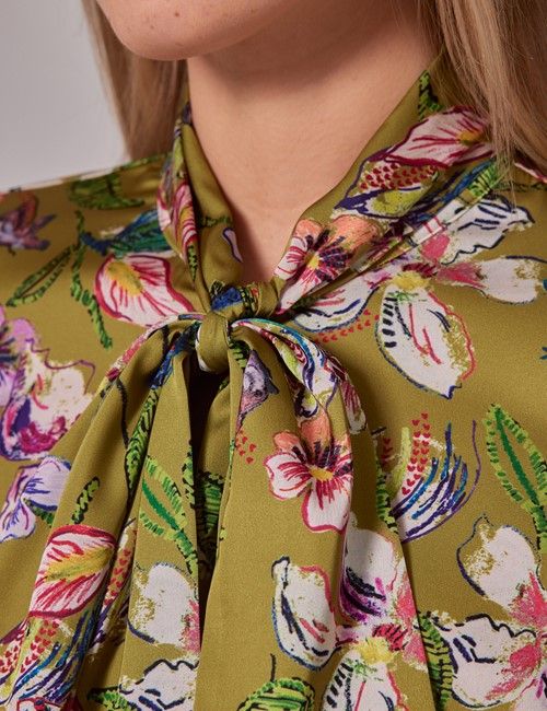 Green & Purple Floral Satin Pussybow Blouse-preview
