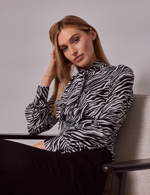 Black & White Zebra Stripe Satin Pussybow Blouse