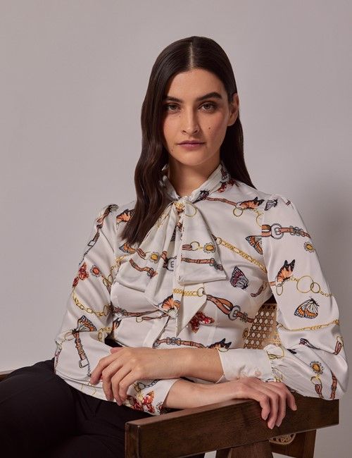 White & Gold Butterfly Chain Satin Pussybow Blouse