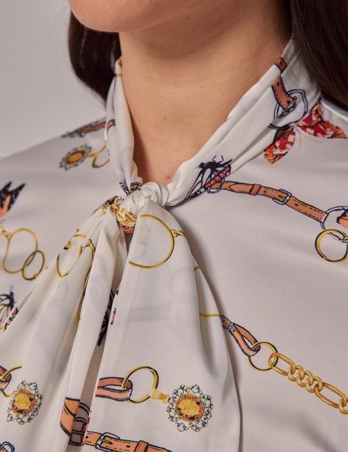 White & Gold Butterfly Chain Satin Pussybow Blouse-preview