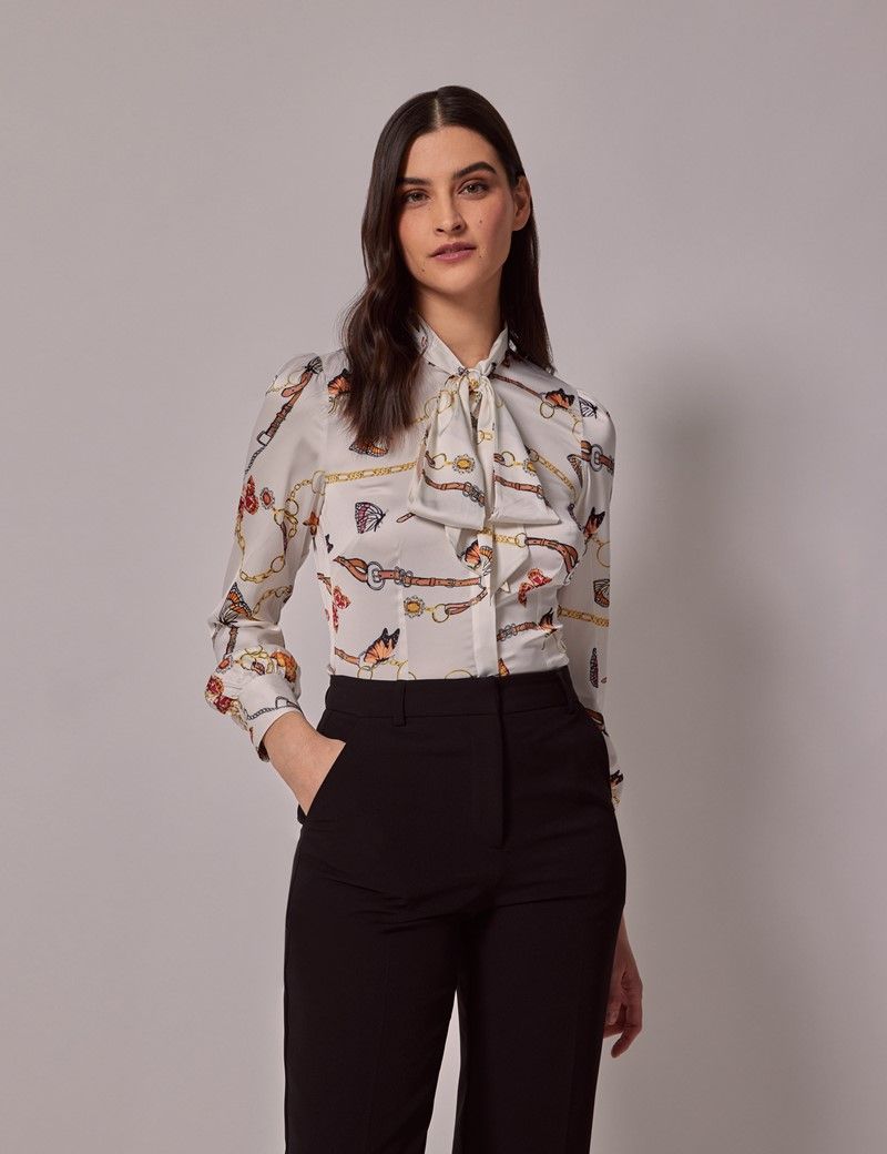 Women’s White & Gold Butterfly Chain Satin Pussybow Blouse | Hawes & Curtis