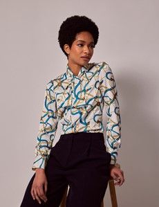 White & Gold Chains Satin Pussybow Blouse