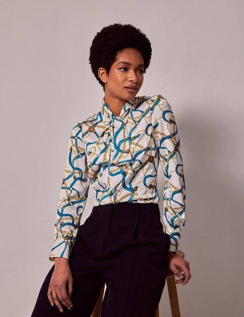 White & Gold Chains Satin Pussybow Blouse