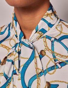 White & Gold Chains Satin Pussybow Blouse-preview1