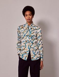 White & Gold Chains Satin Pussybow Blouse-preview2