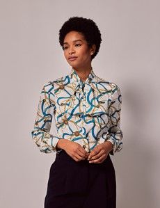 White & Gold Chains Satin Pussybow Blouse-preview5
