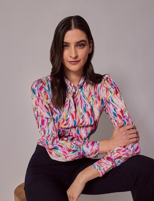 Pink & Blue Paint Stroke Satin Pussybow Blouse