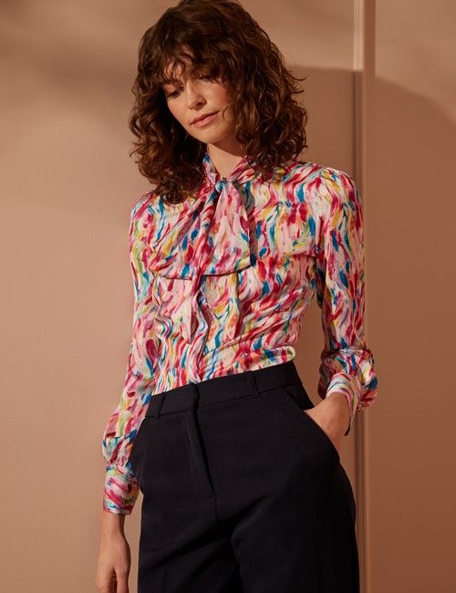 Pink & Blue Paint Stroke Satin Pussybow Blouse-preview