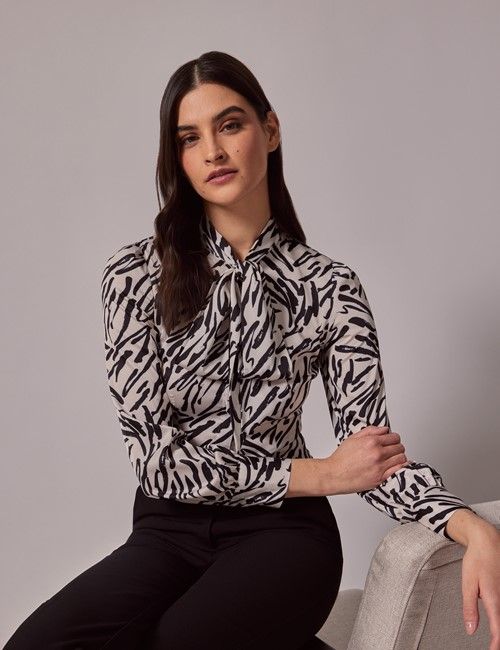 White & Black Zebra Striped Satin Pussybow Blouse