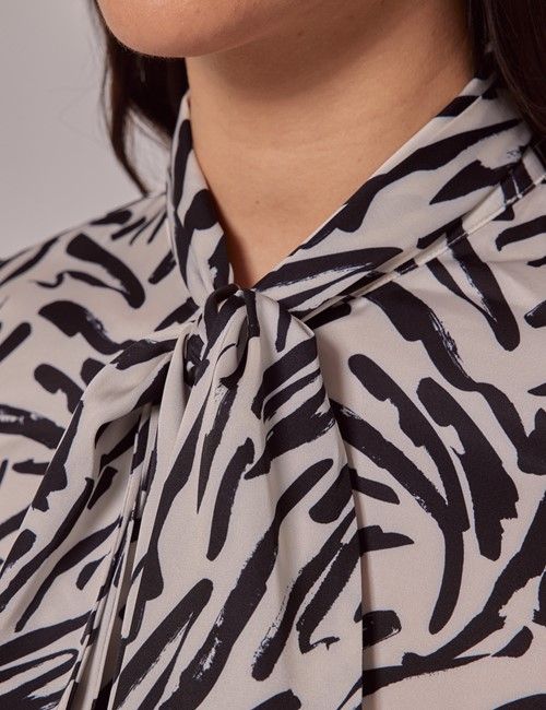 White & Black Zebra Striped Satin Pussybow Blouse-preview