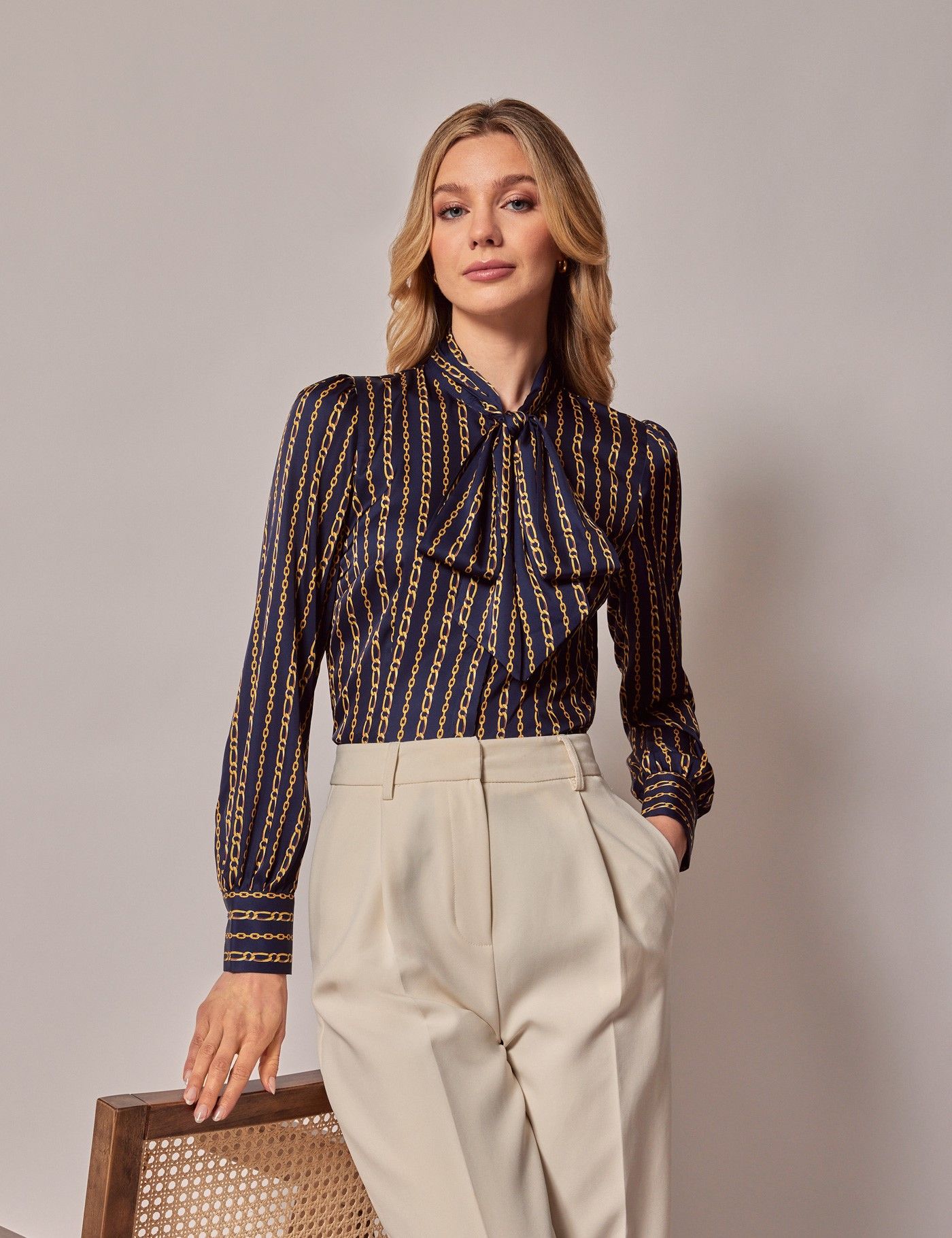 Navy & Gold Chain Stripe Satin Pussybow Blouse