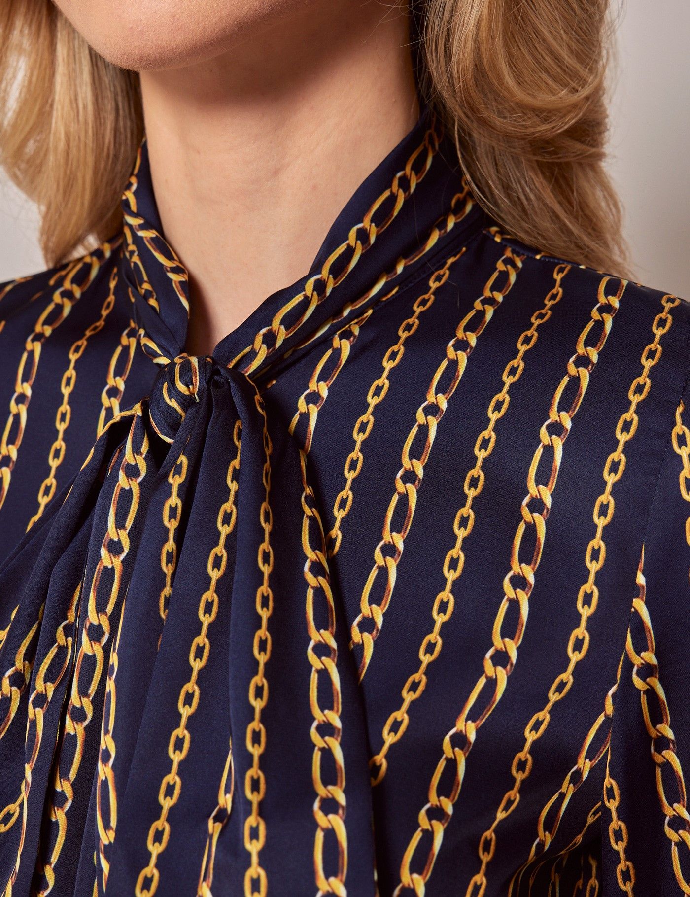 Navy & Gold Chain Stripe Satin Pussybow Blouse-preview