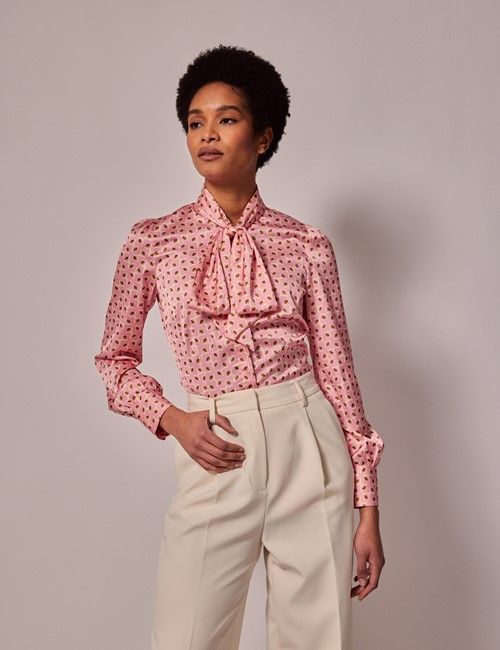 Pink & Gold Geometric Satin Pussybow Blouse