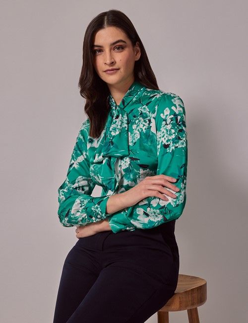 Green & White Floral Satin Pussybow Blouse