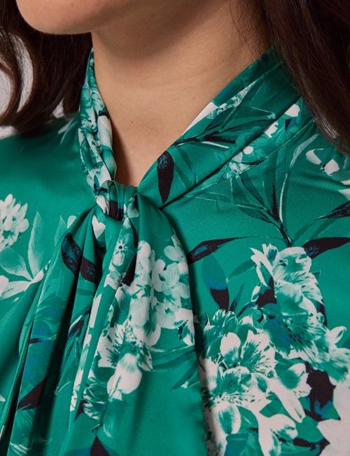 Green & White Floral Satin Pussybow Blouse-preview