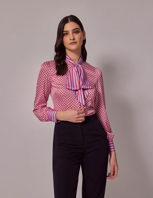 Red & Purple Geometric Satin Pussybow Blouse