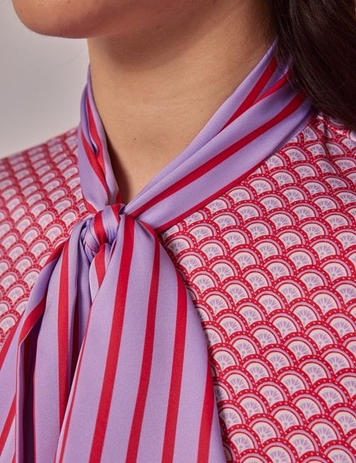 Red & Purple Geometric Satin Pussybow Blouse-preview