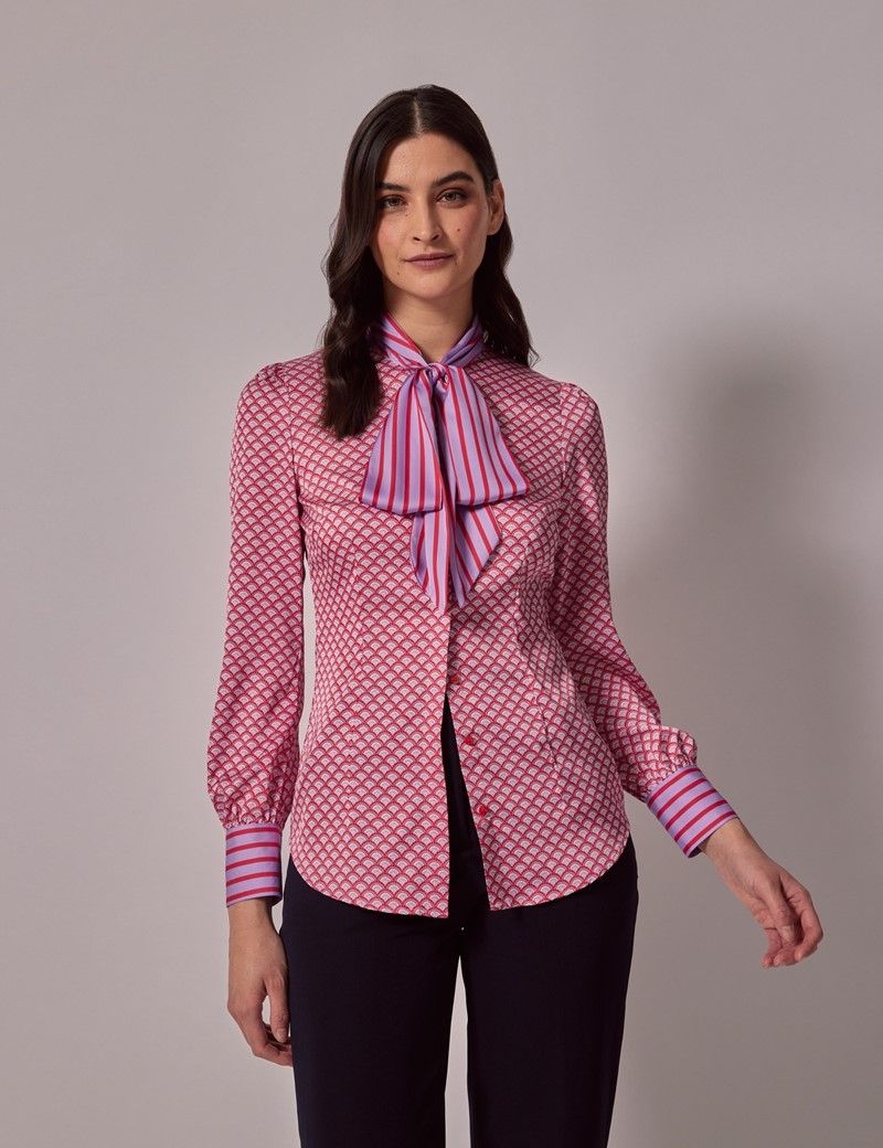 Women’s Red & Purple Geometric Satin Pussybow Blouse | Hawes & Curtis