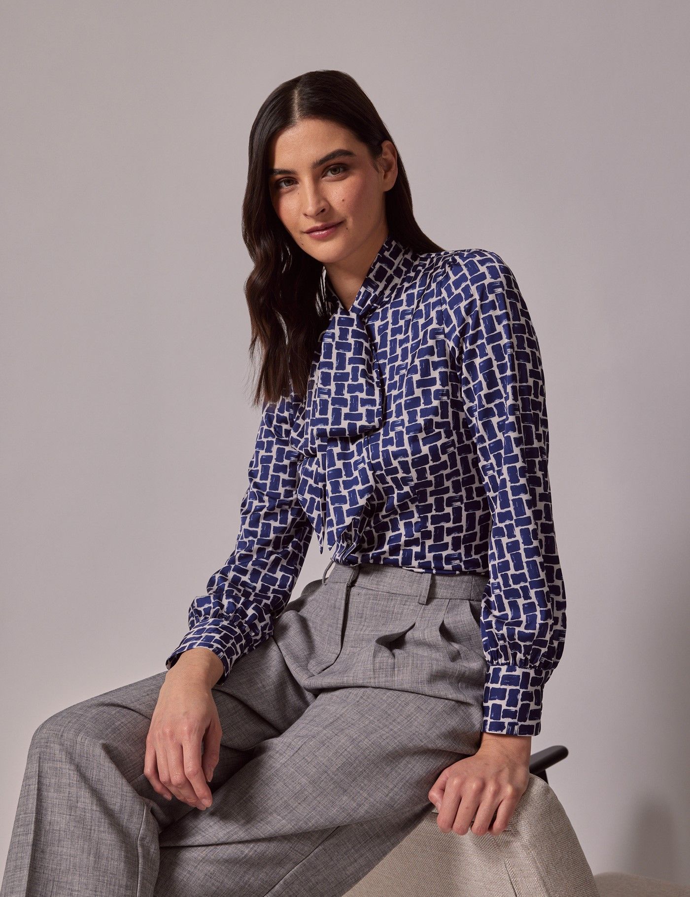 Navy & White Geometric Pussybow Blouse